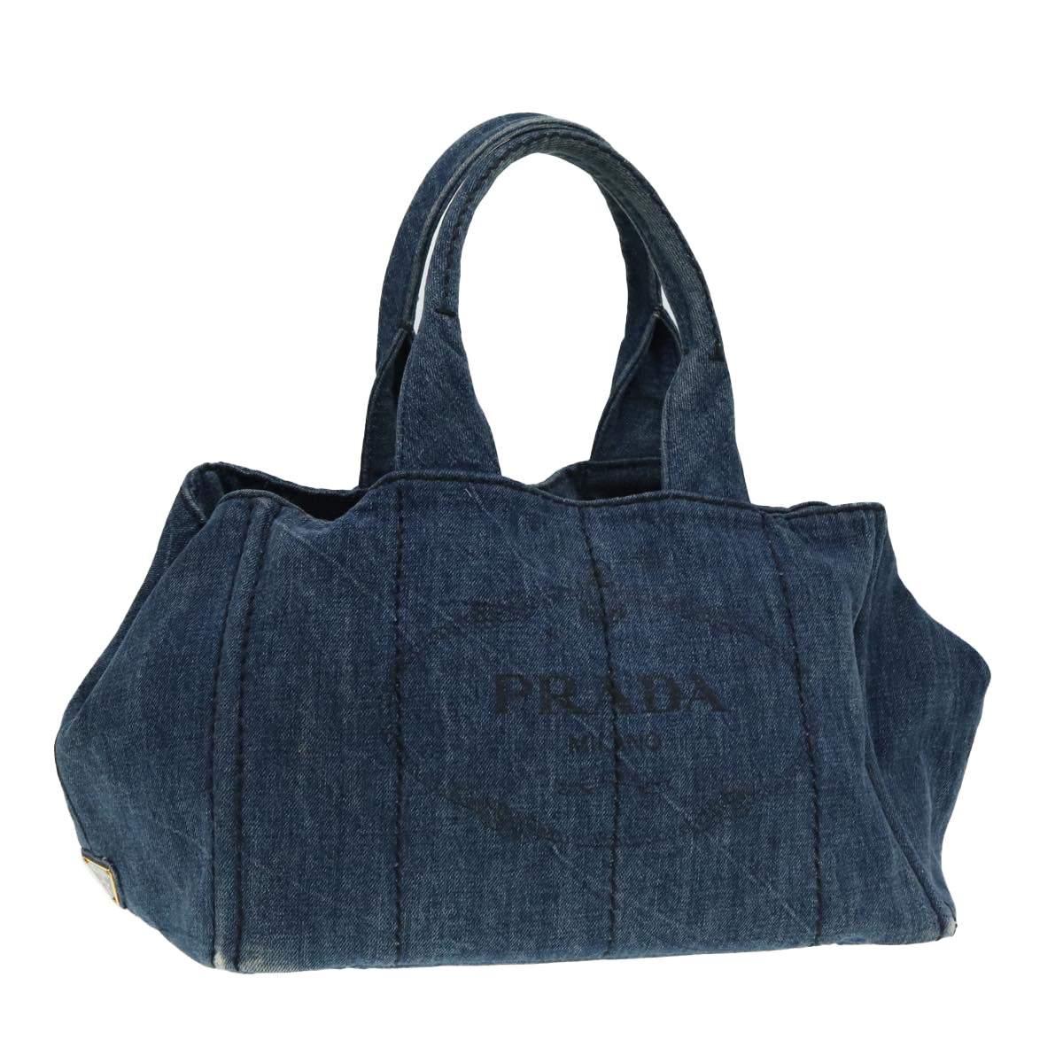 PRADA Canapa MM Hand Bag Blue Gold Auth