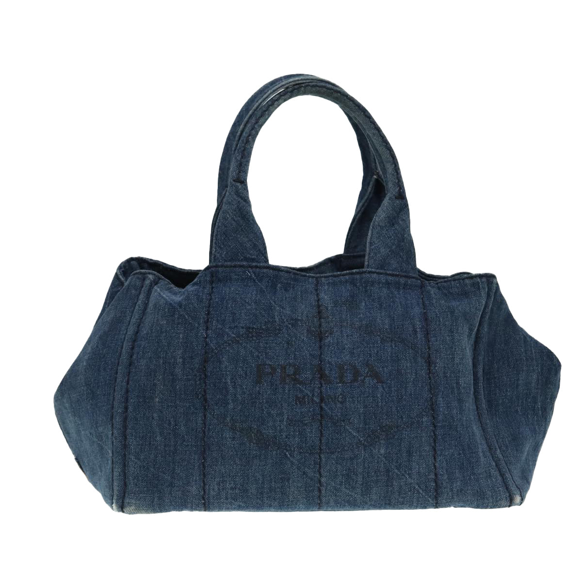 PRADA Canapa MM Hand Bag Denim Blue Gold Auth