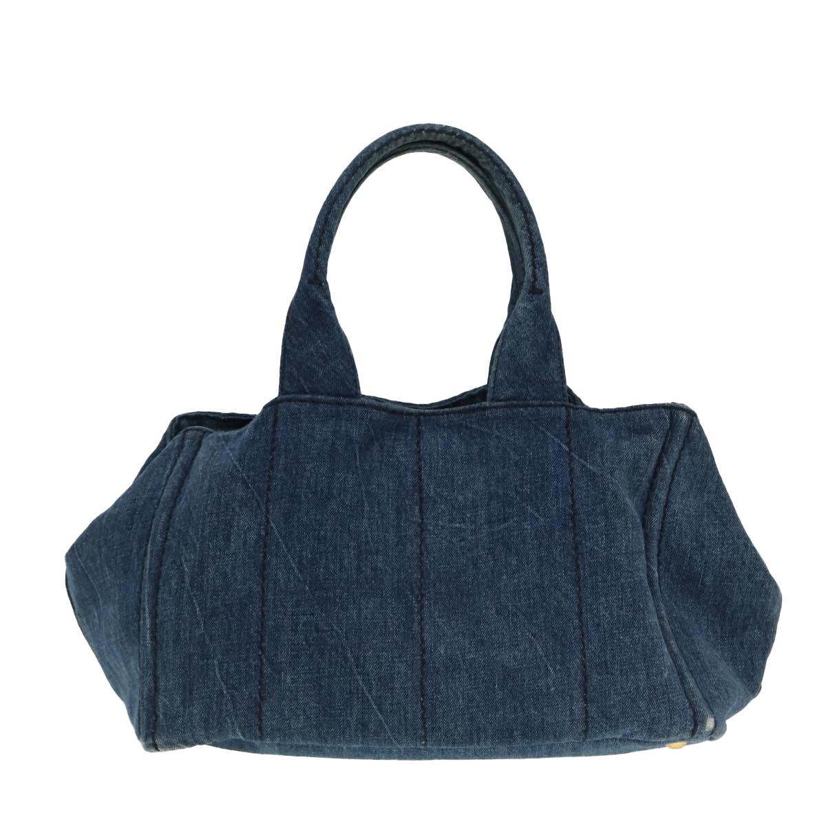 PRADA Canapa MM Hand Bag Denim Blue Gold Auth