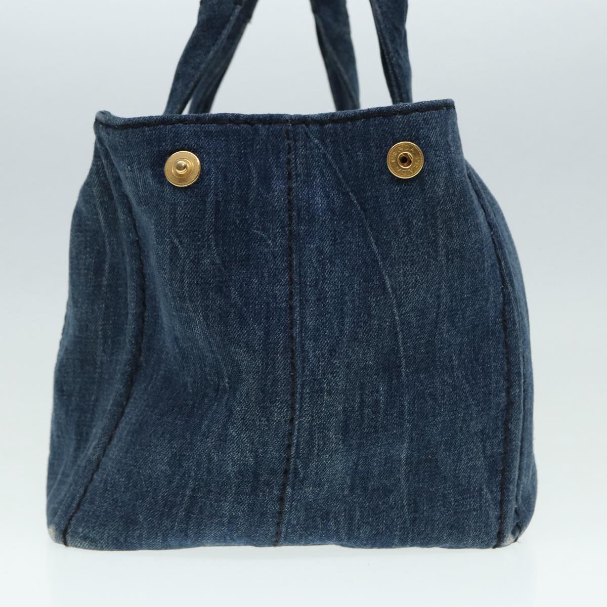 PRADA Canapa MM Hand Bag Denim Blue Gold Auth